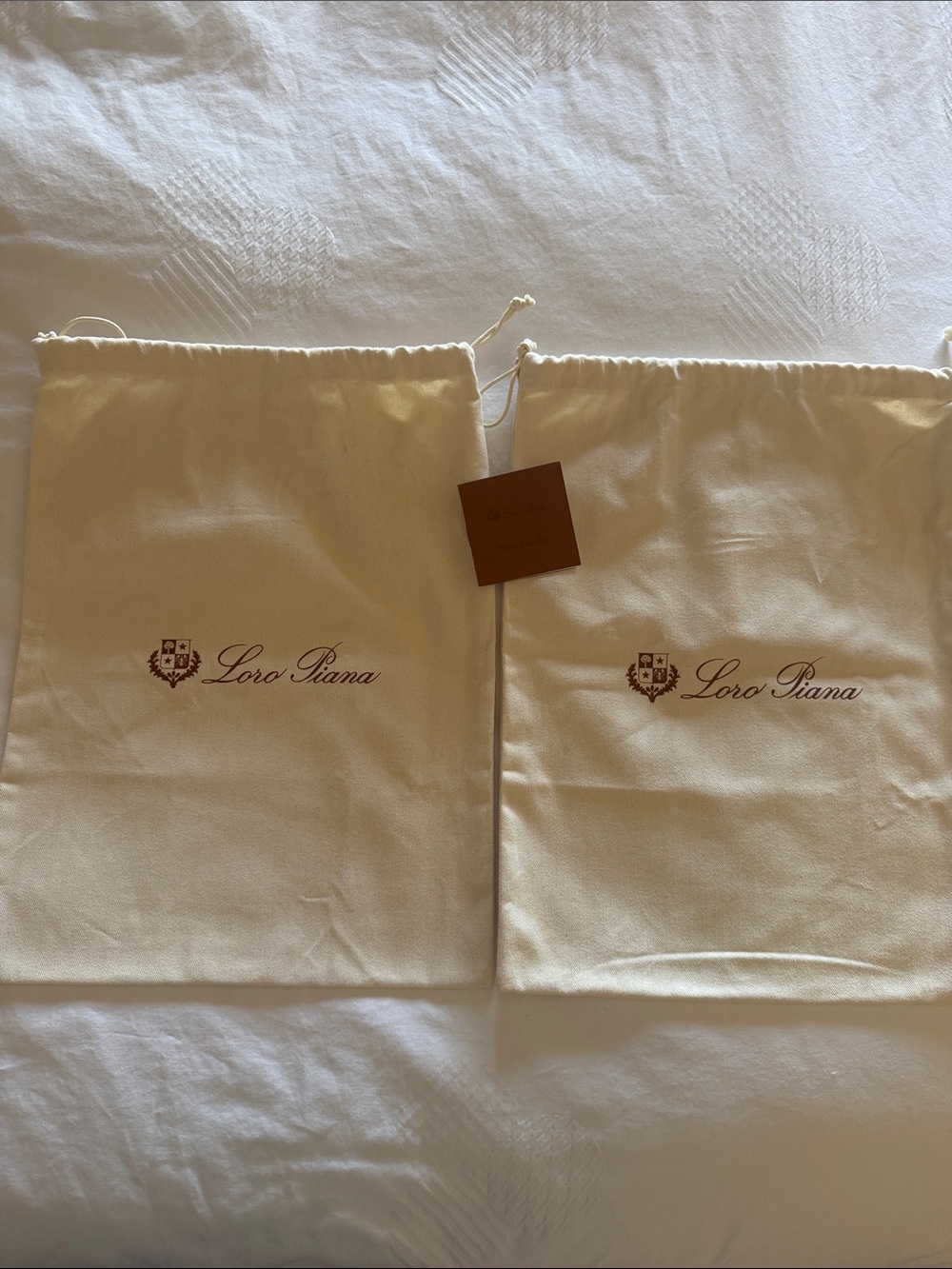 Loro Piana Cream Drawstring Dust Bags with Brown Logo (Pair)